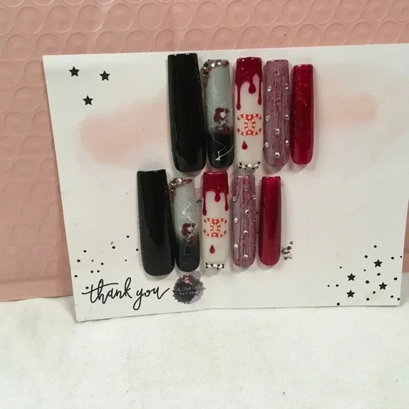 Press on nails hand painted and designed with red black and white - Picture 2 of 2